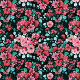 The image is a vibrant and colorful floral pattern featuring a variety of pink and red flowers against a dark green background.
