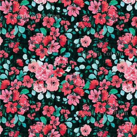 The image is a vibrant and colorful floral pattern featuring a variety of pink and red flowers against a dark green background.