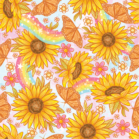 sunflowers and butterflies on a pink background