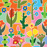 a colorful pattern of flowers and plants on a pink background