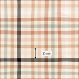 The image is a close-up of a fabric with a plaid pattern, featuring a grid-like design. The fabric appears to be a light brown color, and there is a measurement scale visible in the bottom right corner, indicating the fabric's length is 2 centimeters.