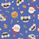 The image is a seamless pattern featuring various cartoon-style animal characters, including koalas, Santa Claus, and other festive elements such as gingerbread cookies, stars, and Christmas ornaments.