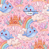 The image is a vibrant and whimsical pattern featuring various fantastical elements such as mermaids, a castle, a unicorn, a rainbow, clouds, and seashells. The overall color scheme is a mix of pastel hues, with shades of pink, blue, and purple creating a visually appealing and imaginative scene.