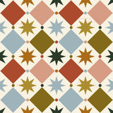 a repeating pattern of diamond shapes in various colors, including red, pink, blue, green, and yellow, along with star shapes and dots.