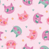 a repeating pattern of cartoon cat faces with heart-shaped eyes against a pink background.