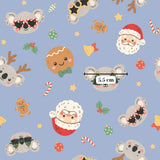 a repeating pattern of various Christmas-themed characters and objects, including Santa Claus, koalas, gingerbread cookies, and other festive elements.