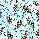 a repeating pattern of stylized lightning bolts and checkered shapes in various colors, including black, white, and pink, against a light blue background.