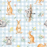 The image is a repeating pattern of various animals, including kangaroos, koalas, and wallabies, against a blue and white checkered background.