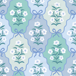 a blue and white flower pattern with a bow