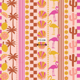 The image is a vibrant and colorful pattern featuring various tropical elements such as palm trees, flamingos, seashells, and cacti. The pattern is composed of multiple repeating lines and shapes, creating a visually striking and dynamic design.