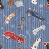 various colorful toy cars and a fire truck, all set against a blue striped background.