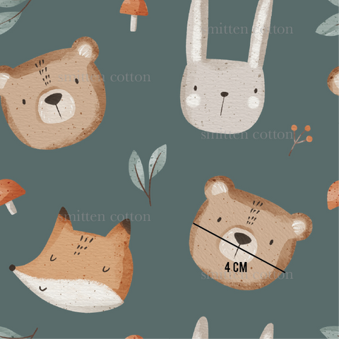 a pattern with a bear, rabbit, and mushroom on a blue background