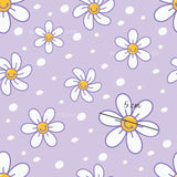 a purple background with white and yellow flowers