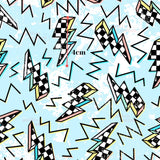 a repeating pattern of stylized lightning bolts and checkered shapes in various colors, including black, white, and pink. The pattern is set against a light blue background with a grunge texture.
