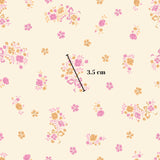 a repeating pattern of pink and orange flowers on a light background. There is a vertical line in the center of the image, and the text "3.5 cm" is visible, indicating the size of the flowers in relation to the line.