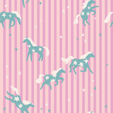 a pattern of stylized horses with white stars on a pink and purple striped background.