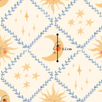 The image is a repeating pattern of sun and moon faces, along with stars and leaves, creating a whimsical and celestial design.