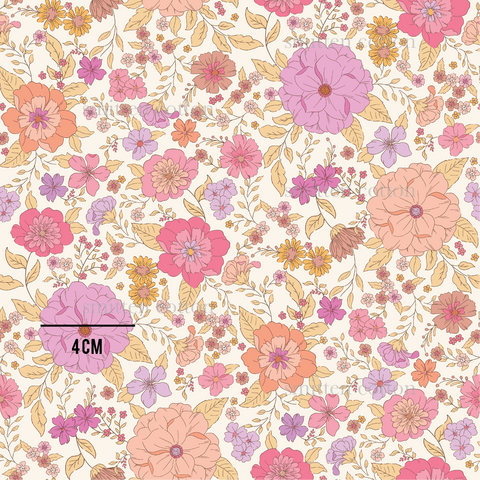 a floral pattern with pink and orange flowers on a white background