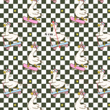 a repeating pattern of cartoon ducks riding skateboards on a checkered background.