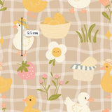 a variety of cute and whimsical illustrations, including ducks, flowers, fruits, and other playful elements, all set against a checkered background.