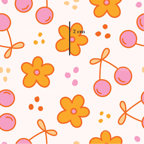 a pattern with flowers and dots on a white background