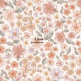 The image is a repeating pattern of various flowers and leaves in shades of pink, orange, and yellow.