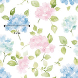a repeating pattern of watercolor flowers and leaves in shades of blue, pink, and green. The flowers are depicted in various sizes and positions, creating a visually appealing and harmonious design.