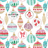 a variety of colorful Christmas ornaments, including baubles, baubles, and other festive decorations, arranged in a repeating pattern.