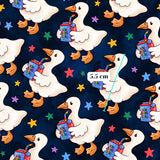 The image is a repeating pattern of cartoon ducks holding drinks, with a measurement scale indicating the size of the pattern.