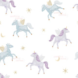 a repeating pattern of whimsical illustrations of purple and white unicorn horses with wings, along with stars and crescent moons.