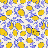 a repeating pattern of yellow lemons and purple leaves on a light background.