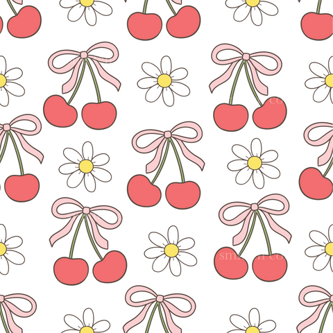 a pattern with cherries and daisies on a white background