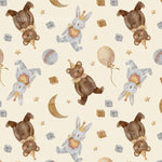 The image is a repeating pattern of cartoon-style teddy bears and rabbits wearing party hats, along with various party-themed objects such as balloons, stars, and cubes.