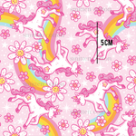 a pattern of unicorns and flowers on a pink background