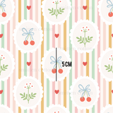 a wallpaper with a pattern of cherries on a striped background