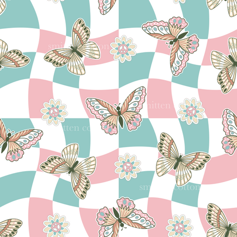 a pattern with butterflies on a pink and blue background