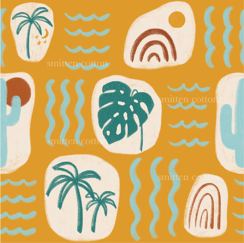 a painting of palm trees and waves on an orange background