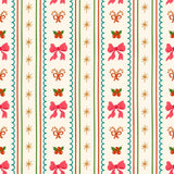 a repeating pattern of Christmas-themed elements, including bows, stars, and berries, arranged in a vertical striped design.