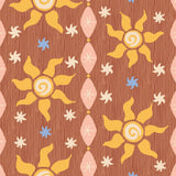 a repeating pattern of sun-like shapes in various shades of yellow, orange, and pink against a brown background with white and blue accents.