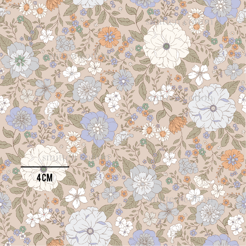 a flowery pattern with blue, orange, and pink flowers