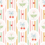 a pattern with cherries and hearts on a striped background