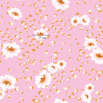 a pink background with orange and white flowers