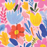 The image is a vibrant and colorful pattern featuring various flowers and leaves in shades of pink, blue, yellow, and green. The pattern is composed of multiple individual images, creating a visually appealing and dynamic design.