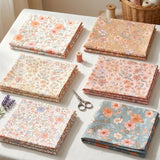 a collection of six fabric pieces with floral patterns, arranged on a table with scissors and spools of thread.
