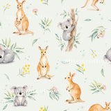The image is a repeating pattern of various animals, including kangaroos, koalas, and wallabies, along with flowers and leaves.