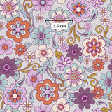 The image is a vibrant and colorful pattern of various flowers and leaves in shades of purple, orange, and white. The pattern is composed of multiple individual images, creating a visually appealing and intricate design.