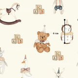 various toys and blocks, including a rocking horse, a teddy bear, a duck, a rabbit, and a bear, all arranged in a playful and colorful manner.