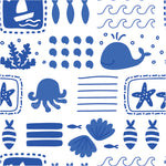 a blue and white pattern of sea life