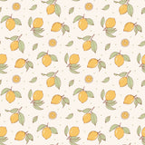 a repeating pattern of lemons and leaves on a light background.
