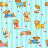 a repeating pattern of cartoon-style dachshunds wearing colorful sweaters and scarves, with hearts scattered throughout the background.